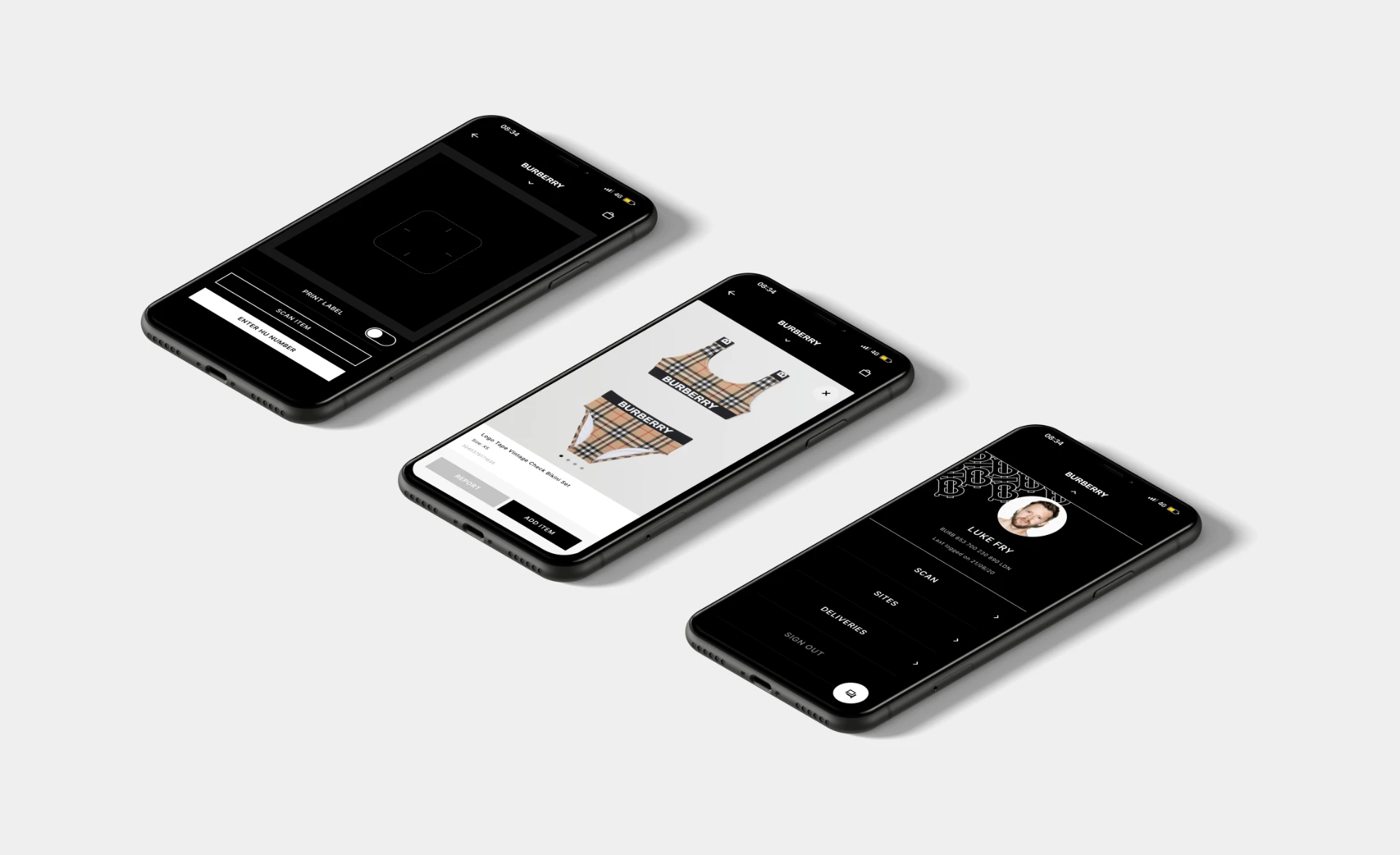 Burberry store app screens — item scanning, scanned product detail and staff profile